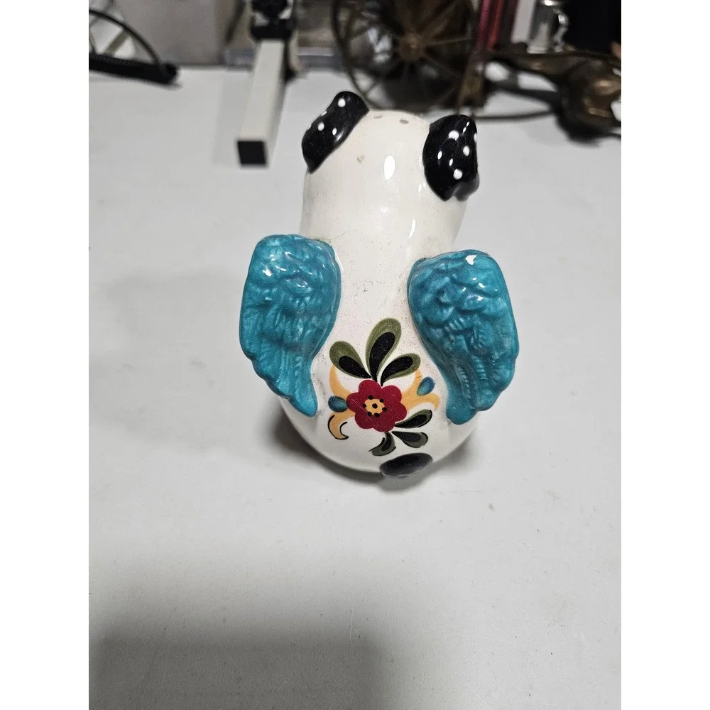 Ceramic Flying Pig Salt Pepper Shaker Blue Wings Floral Polka Dot White Black